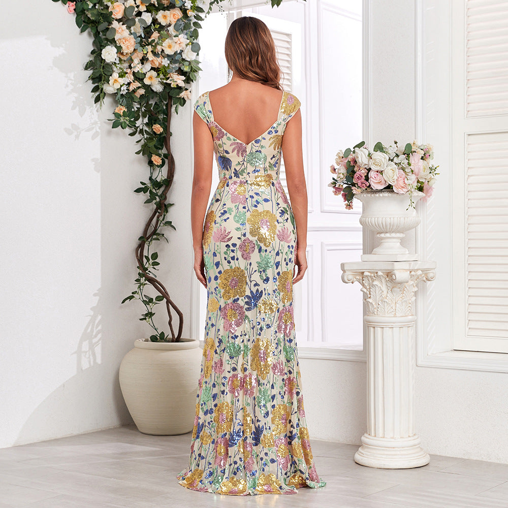 Vestido de noche elegante sin mangas para mujer, con escote en V doble, bordado sequ, vestido de noche de sirena para fiesta de cumpleaños
