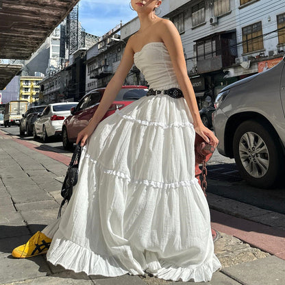 Traje de dos piezas francés dulce y sexy de moda de verano para mujer, top de tubo con hombros descubiertos y falda sin cinturón