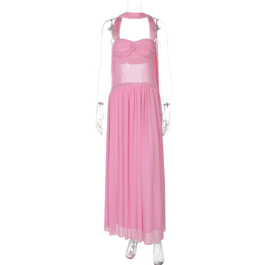 Women Clothing Summer Sexy Tube Top off Neck Mesh See through Mid Length Ribbon Dress