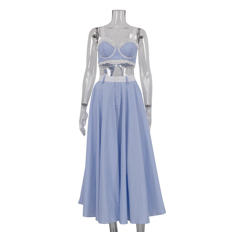Conjunto de dos piezas de chaleco con tirantes y encaje de primavera para mujer, ropa sexy de cintura alta con falda amplia y vuelo.