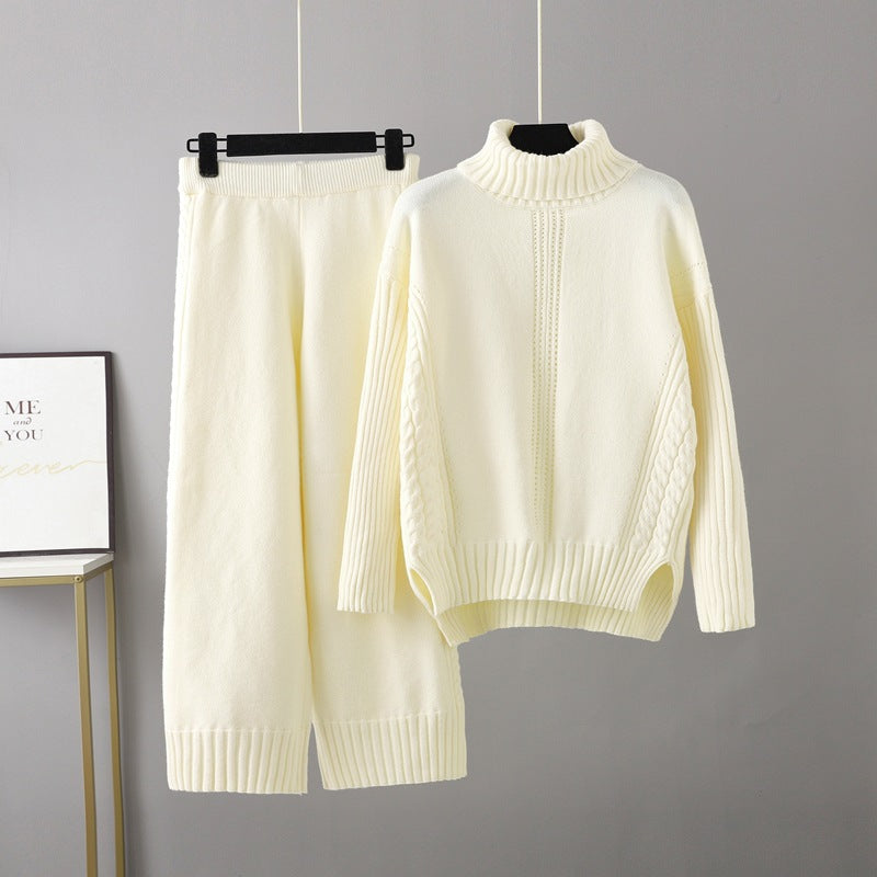 Conjunto informal de jersey de cuello alto y tejido grueso para mujer, pantalones anchos y sueltos de pierna ancha para otoño e invierno, dos piezas