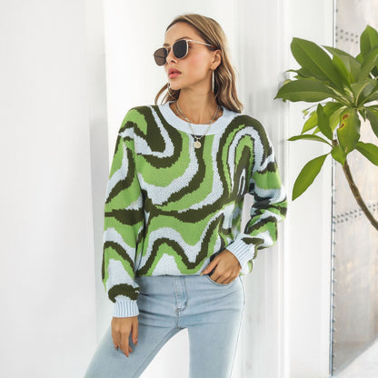 Suéter de brocado teñido anudado para mujer, suéter holgado de punto informal de manga larga para otoño e invierno.
