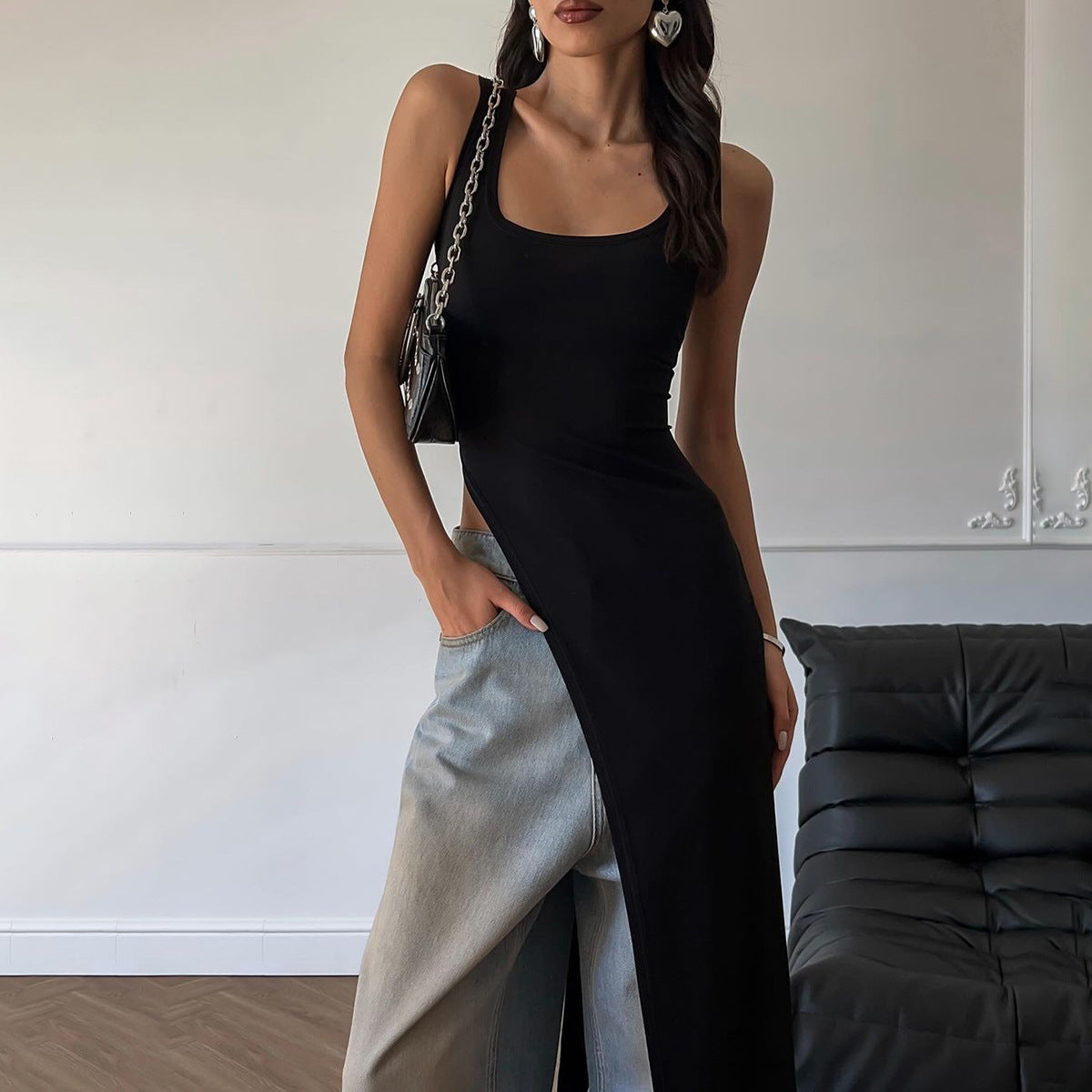 Vestido ajustado con tirantes y abertura en los hombros para mujer, estilo tiro callejero de verano