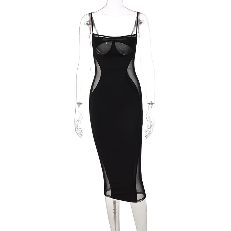 Vestido ajustado de color liso con costuras de malla para mujer, novedad de verano