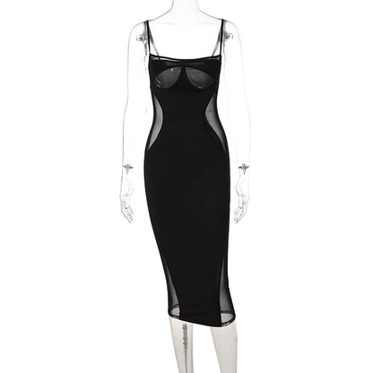 Vestido ajustado de color liso con costuras de malla para mujer, novedad de verano