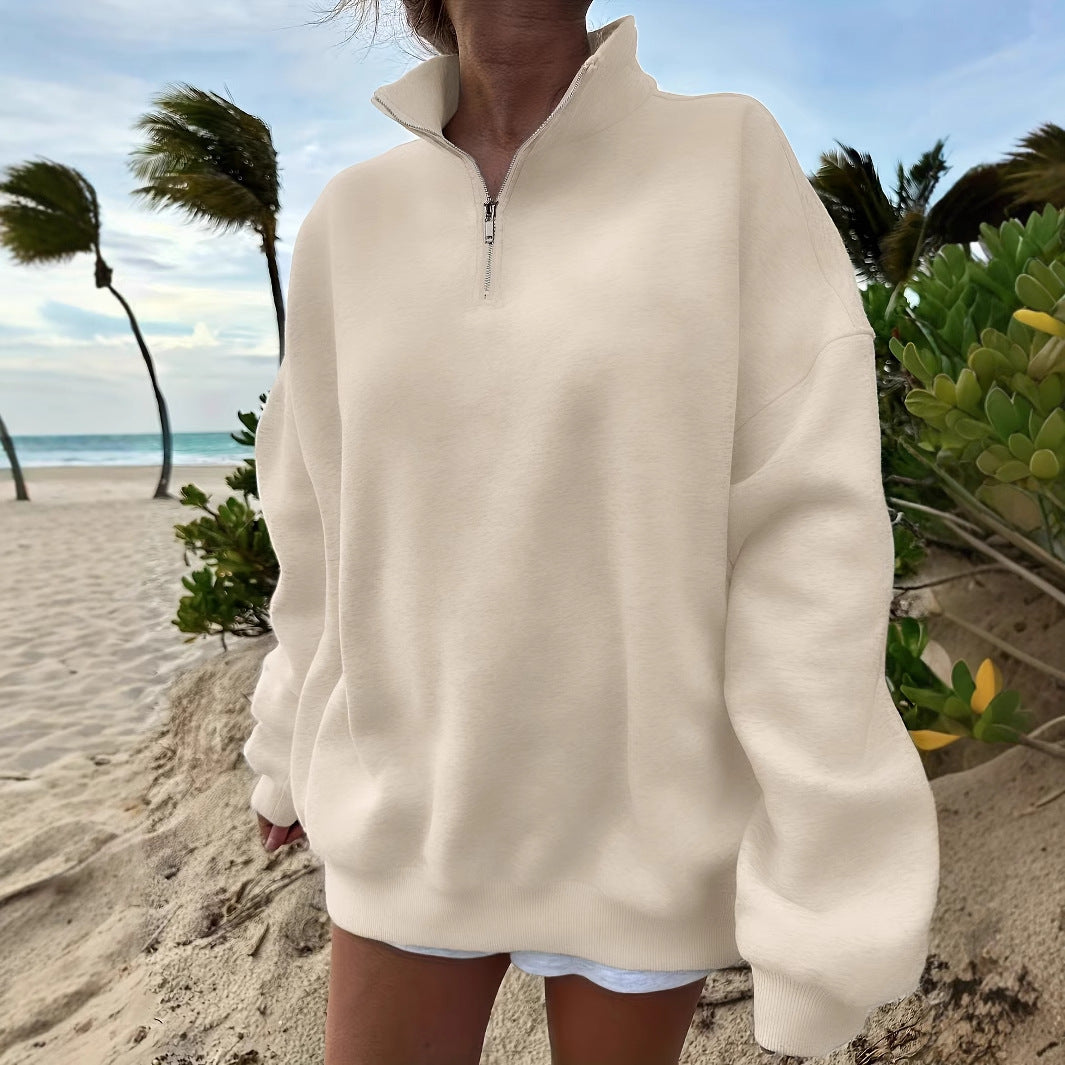 Sudadera para exteriores, otoño e invierno, informal, holgada, de manga larga, con media cremallera para mujer