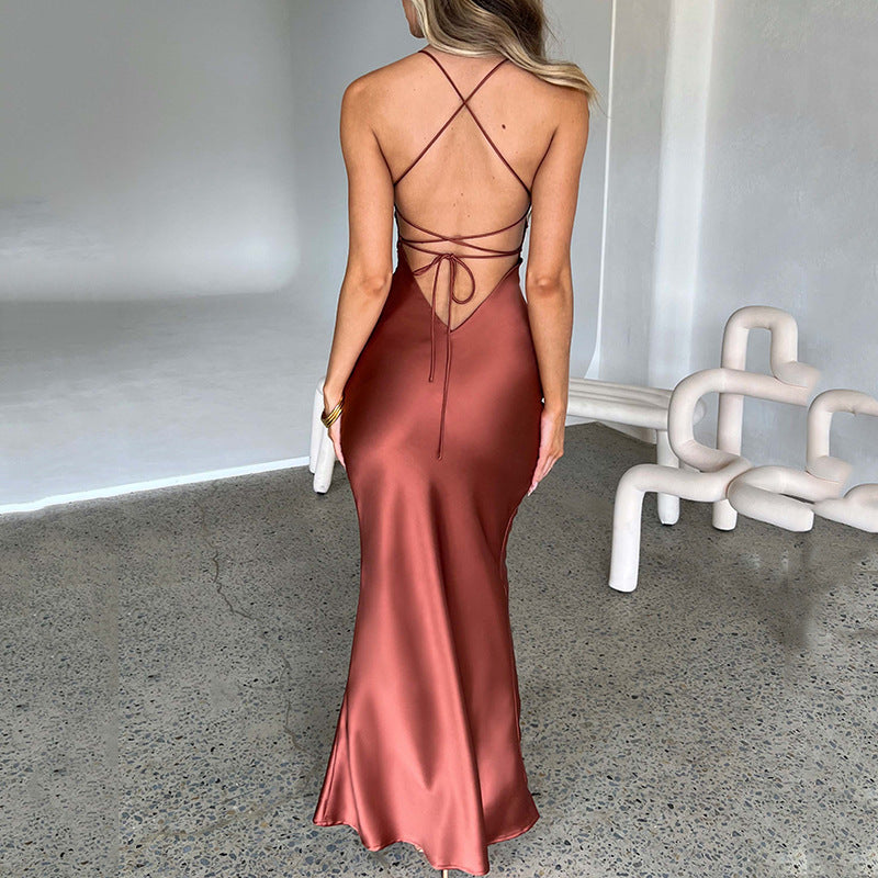 Vestido largo de satén con tirantes para mujer, sexy, de otoño, sin espalda, con cordones y cintura ajustada