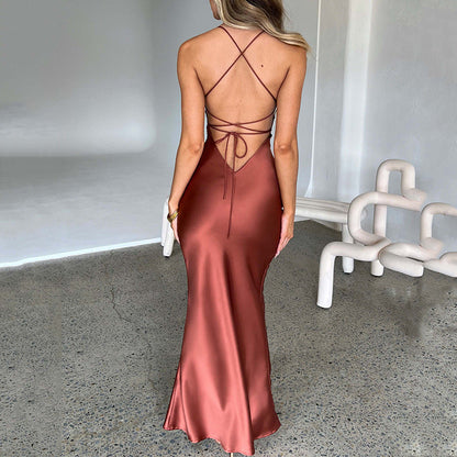 Vestido largo de satén con tirantes para mujer, sexy, de otoño, sin espalda, con cordones y cintura ajustada