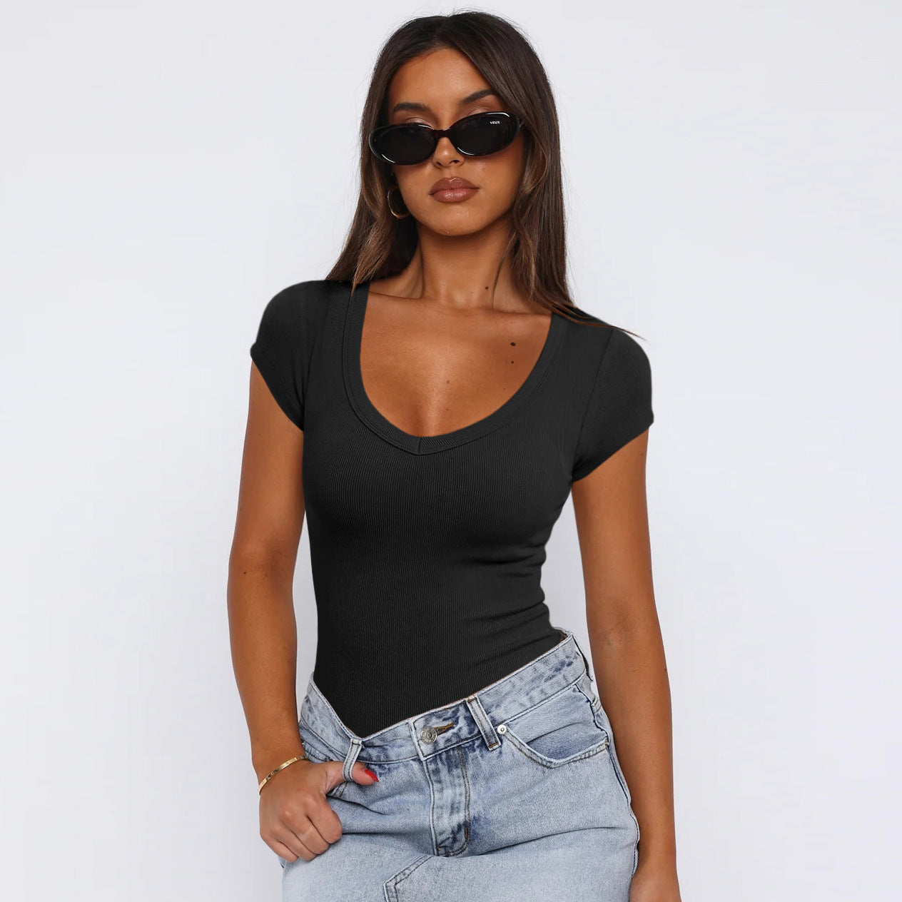 Camiseta de manga corta con cuello en forma de huevo y hilo para mujer, de verano, ajustada, con hombros descubiertos