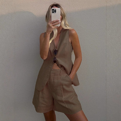 Cotton Linen Vest Shorts Set Summer Office Vest Shorts Set Casual Women