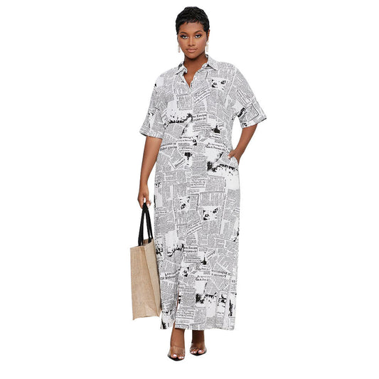 Casual Loose Digital Printing Newspaper Dress Women