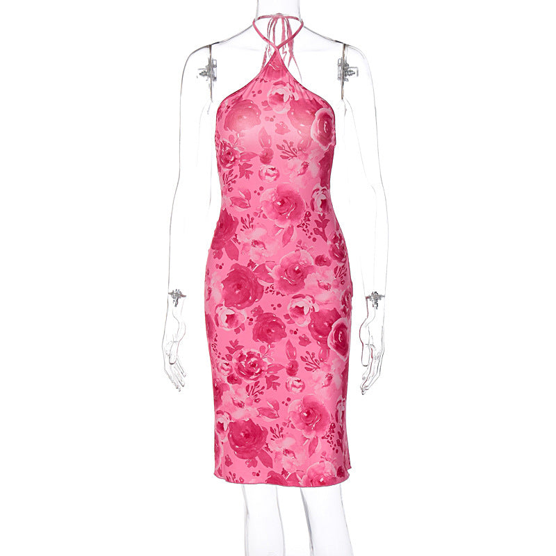 Vestido estampado con cuello halter cruzado en el pecho para mujer, popular en verano