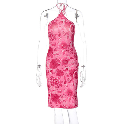 Vestido estampado con cuello halter cruzado en el pecho para mujer, popular en verano