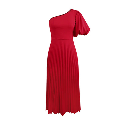 Vestido plisado informal de primavera Aomei con un solo hombro y cuello diagonal, ideal para salidas de primavera, vacaciones en la playa, con mangas abullonadas.