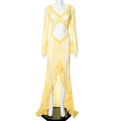 Vestido sexy de corte bajo transparente de manga larga de color liso para mujer