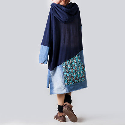Suéter con capucha de retazos para mujer, largo medio, estilo retro, adelgazante, estampado informal