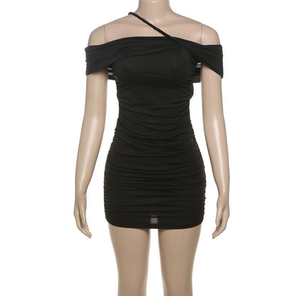 Vestido de invierno para mujer, sexy, de color liso, plisado, con hombros descubiertos, cuello tubo, paquete de cadera