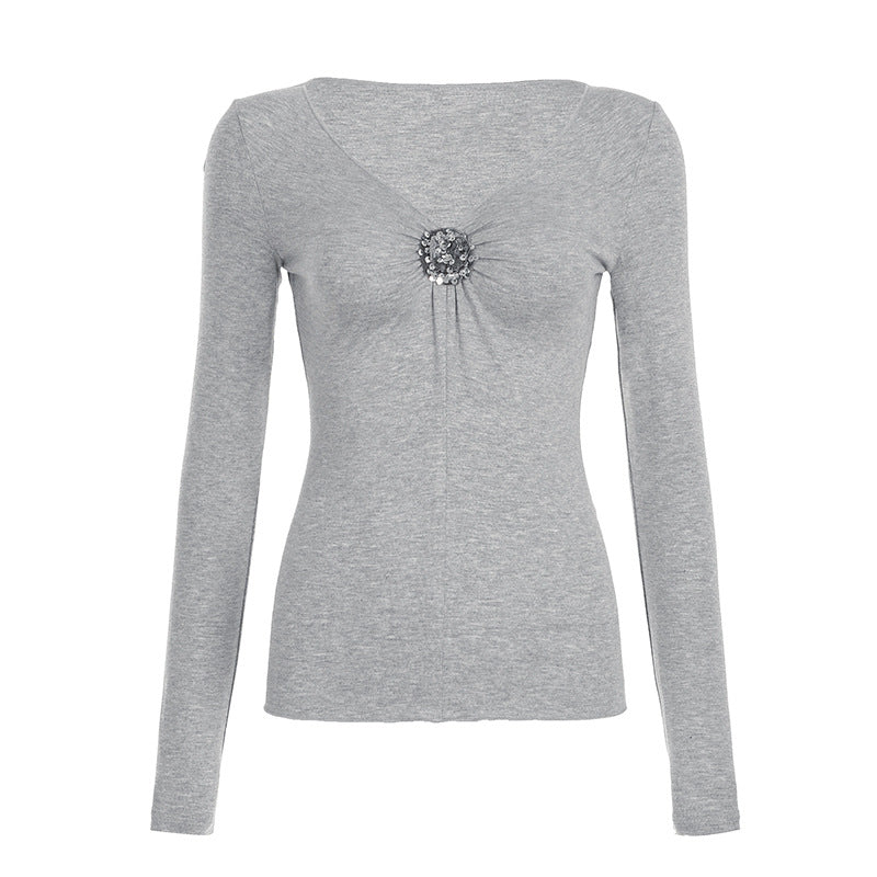 Camiseta de manga larga con escote en V profundo y diseño de interés especial con lentejuelas, conjunto de dos piezas sexy para adelgazar.