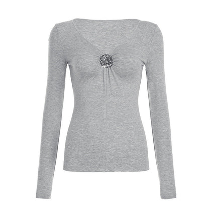 Camiseta de manga larga con escote en V profundo y diseño de interés especial con lentejuelas, conjunto de dos piezas sexy para adelgazar.