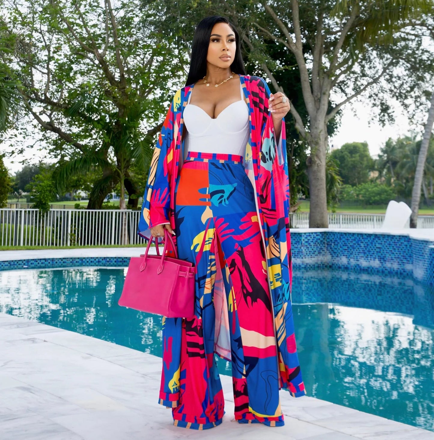 Spring Autumn Casual Set Printed Cardigan Shawl Long Sleeve Wide Leg Trousers Two Piece Set