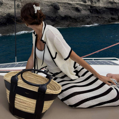 Traje de playa bohemio con cuello a rayas y bolsillo de manga corta, falda larga de color contrastante para mujer
