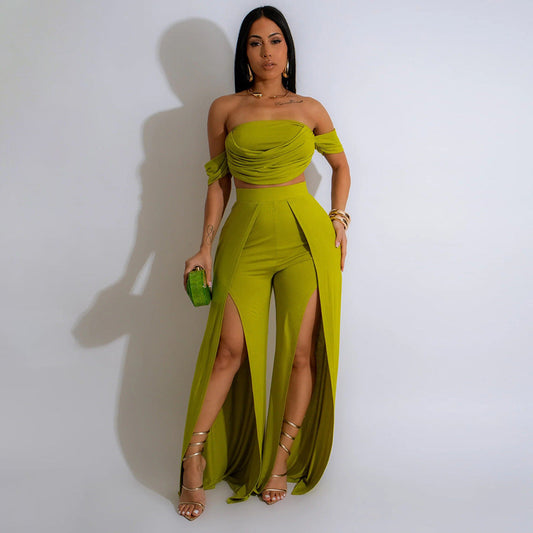 Traje informal para mujer, top de tubo, pantalones anchos con abertura