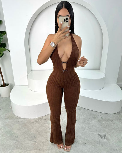 Mono de verano ajustado con cuello halter, encaje, espalda descubierta, sexy, pantalones acampanados, mono para mujer