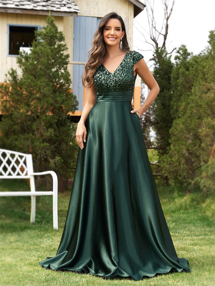 Vestido de noche con escote en V y lentejuelas para mujer, elegante vestido de cóctel de satén de corte A, vestido de fiesta para mujer
