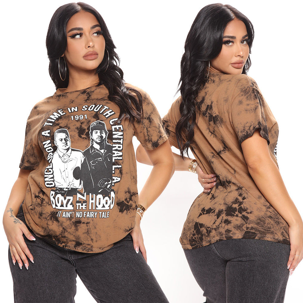 Camiseta deportiva informal de manga corta con estampado teñido anudado y lavado mineral para mujer