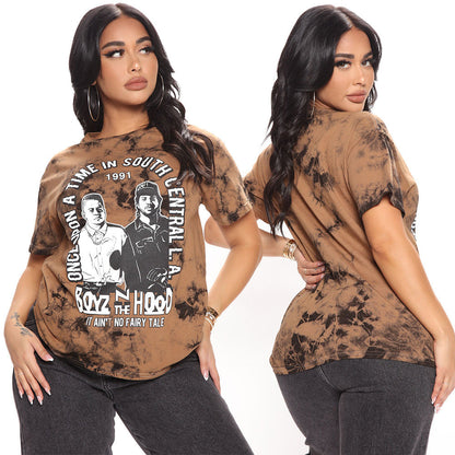 Camiseta deportiva informal de manga corta con estampado teñido anudado y lavado mineral para mujer