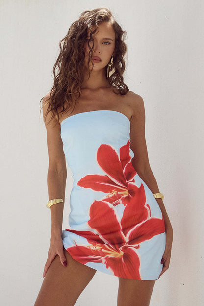 Vestido corto ajustado con estampado floral y top de tubo sexy de verano para mujer