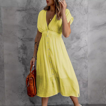 Vestido largo de verano de tul de doble capa, color liso, para mujer, escote en V profundo, manga corta, cintura controlada