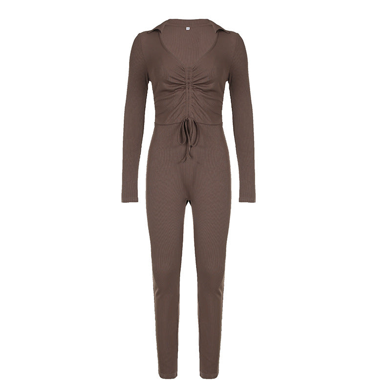 Ropa deportiva de calle para mujer, mono ajustado de manga larga con cuello polo, plisado y cordón ajustable, color sólido