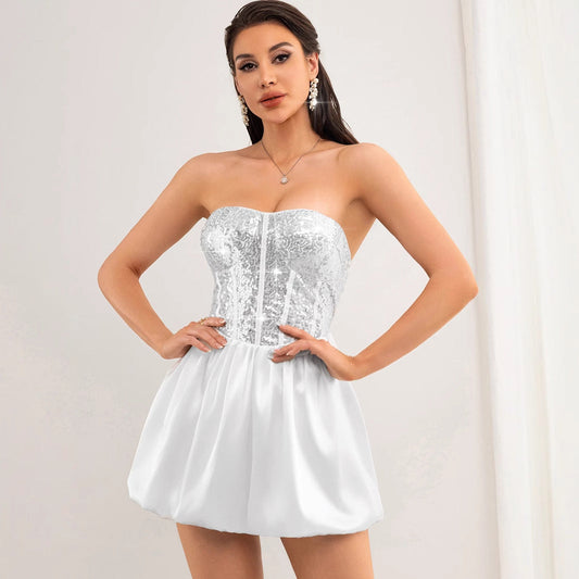 Women Clothing Sexy Backless Sequined White Dress Short Dress Summer