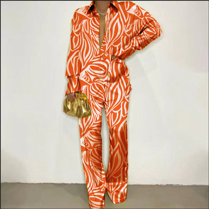 Traje de dos piezas para mujer, camisa informal de manga larga con estampado, pantalones holgados, otoño e invierno