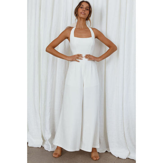 Mono informal de pierna ancha sin espalda y cuello halter de color liso para mujer, primavera y verano