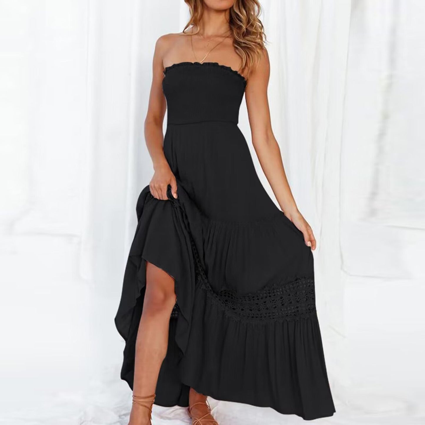 Vestido ceñido de color liso con dobladillo superior tipo tubo, largo, sin mangas, estilo retro bohemio y cintura.