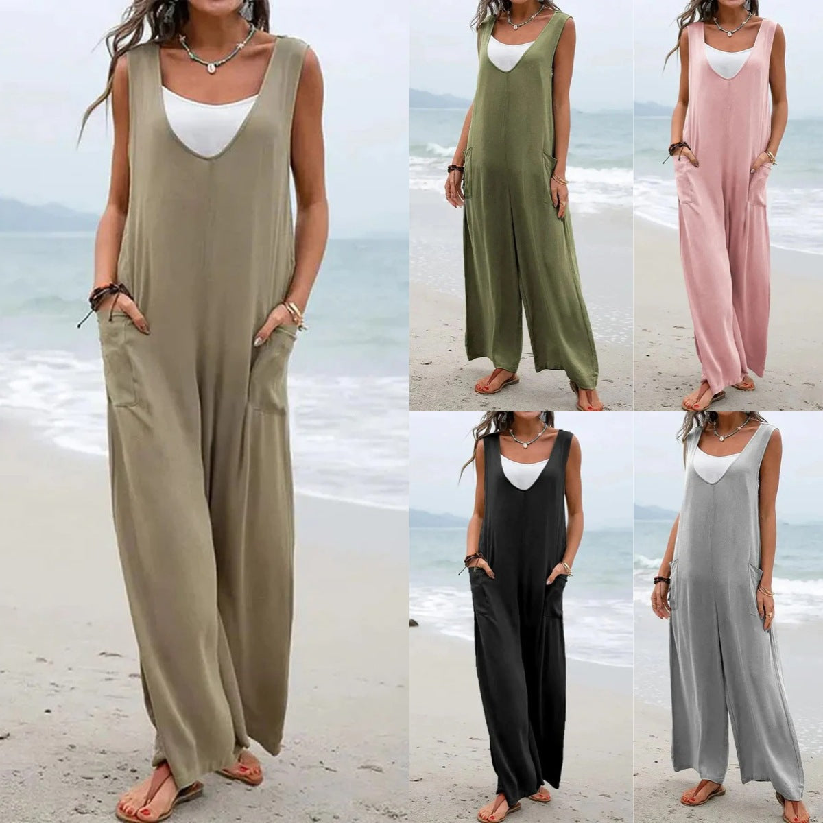 Mono con cuello en V y tirantes, pantalones de pierna ancha, pegatinas de colores sólidos, populares para mujer en verano