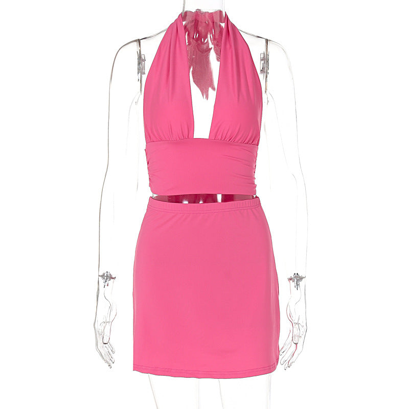 Traje de verano con escote en V profundo, encaje y cuello halter, chaleco, falda, ropa para mujer