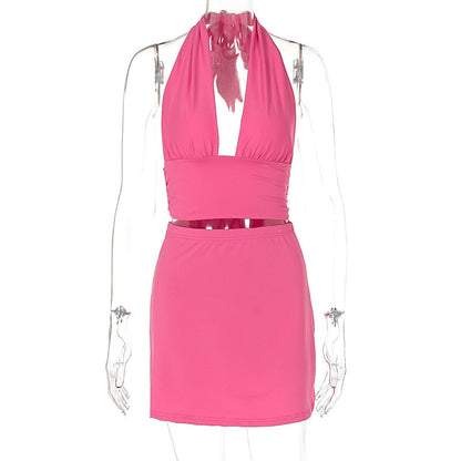 Traje de verano con escote en V profundo, encaje y cuello halter, chaleco, falda, ropa para mujer