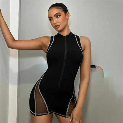 Mono ajustado con realce de cadera para mujer, ropa de otoño e invierno, cuello redondo, cremallera, sin mangas, costuras transparentes