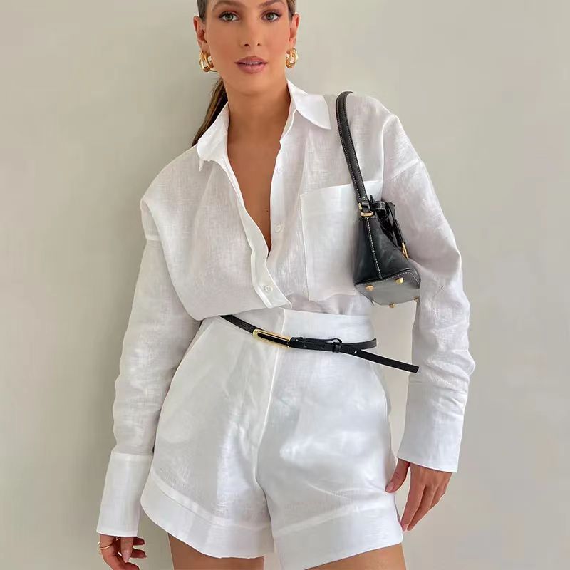 Conjunto de camisa de manga larga y pantalones cortos casuales para mujer