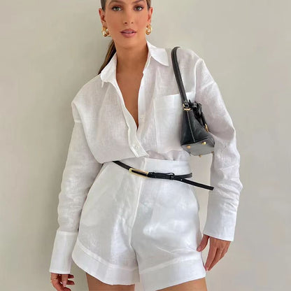 Conjunto de camisa de manga larga y pantalones cortos casuales para mujer