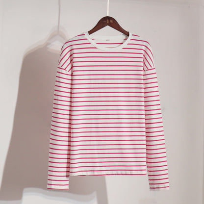 Camiseta de rayas de manga larga, de primavera, moderna, informal, salvaje, con cuello redondo, de algodón a rayas.