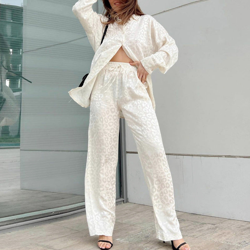 Conjunto de dos piezas formado por camisa de manga larga y pantalón holgado con cintura elástica y estampado de leopardo para mujer, primavera y otoño