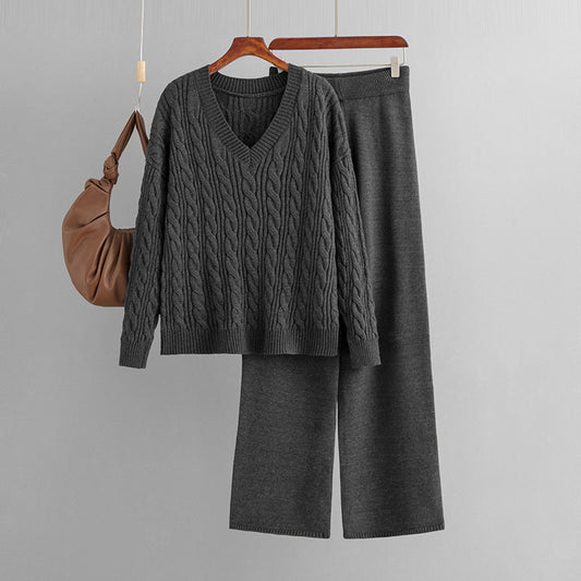 Pantalones anchos de moda, suéteres, ropa de mujer, otoño invierno, traje de dos piezas para mujer, traje de punto con cuello en V torcido
