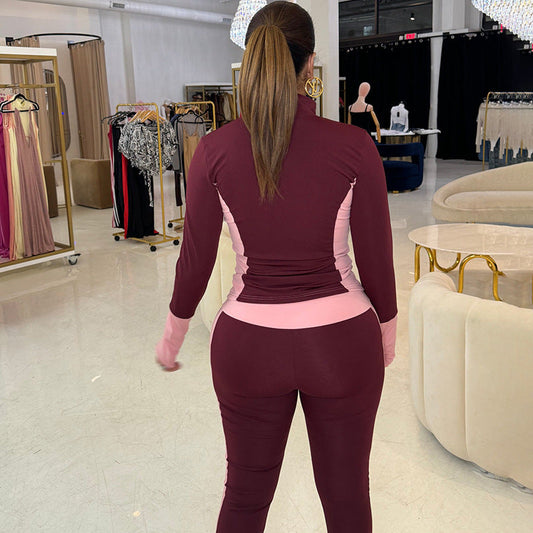 Ropa de mujer Otoño Invierno Costuras de colores en contraste Diseño ajustado con cremallera Cuello Cárdigan Traje ajustado de cintura alta