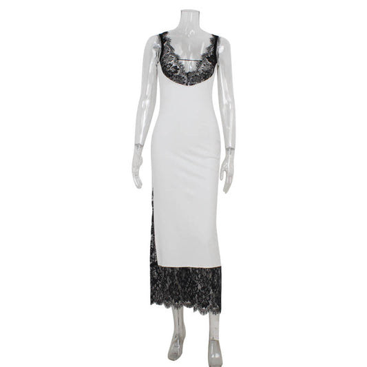 Sexy Sleeveless Deep V Plunge Lace Stitching Fashionable Elegant Lady Dress Slim Sheath Dress Long