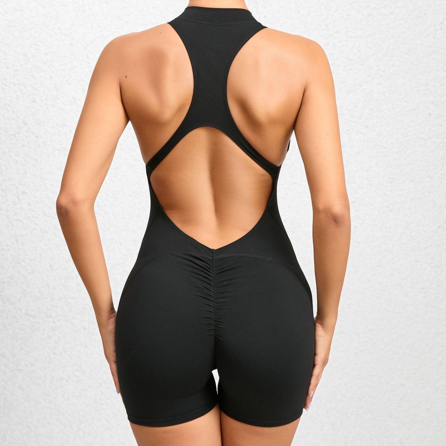 Pantalones de yoga deportivos ajustados con cremallera y tejido no tejido, color melocotón, de una pieza, de secado rápido, con pliegues para fitness