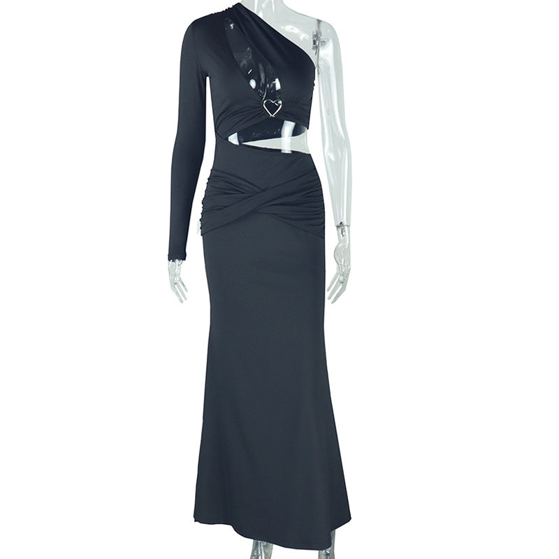 Vestido asimétrico de un hombro con mangas divididas y cuello diagonal para mujer, corte entallado, con aberturas en la cadera, de color liso